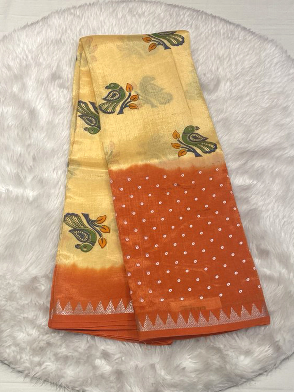 Cream Hand-Printed Handloom Sarees with violet border and elephant block prints.
