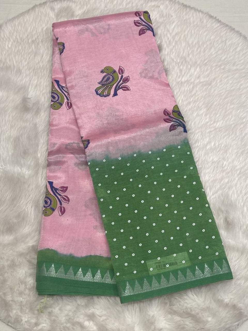 Peach Hand-Printed Handloom Sarees with purple temple border and bird motifs.
