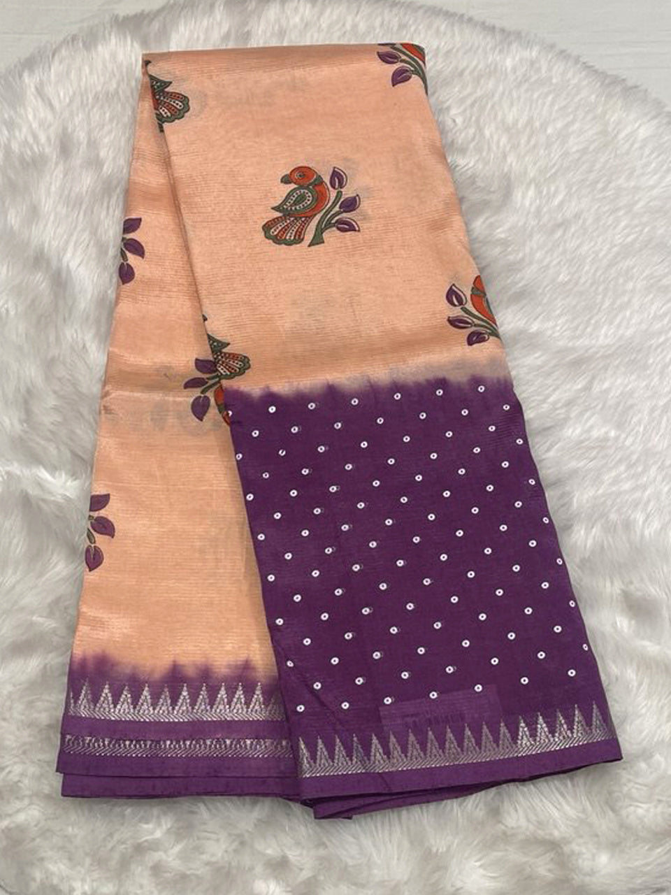 Lilac Hand-Printed Handloom Sarees featuring elephant motifs and olive green border.