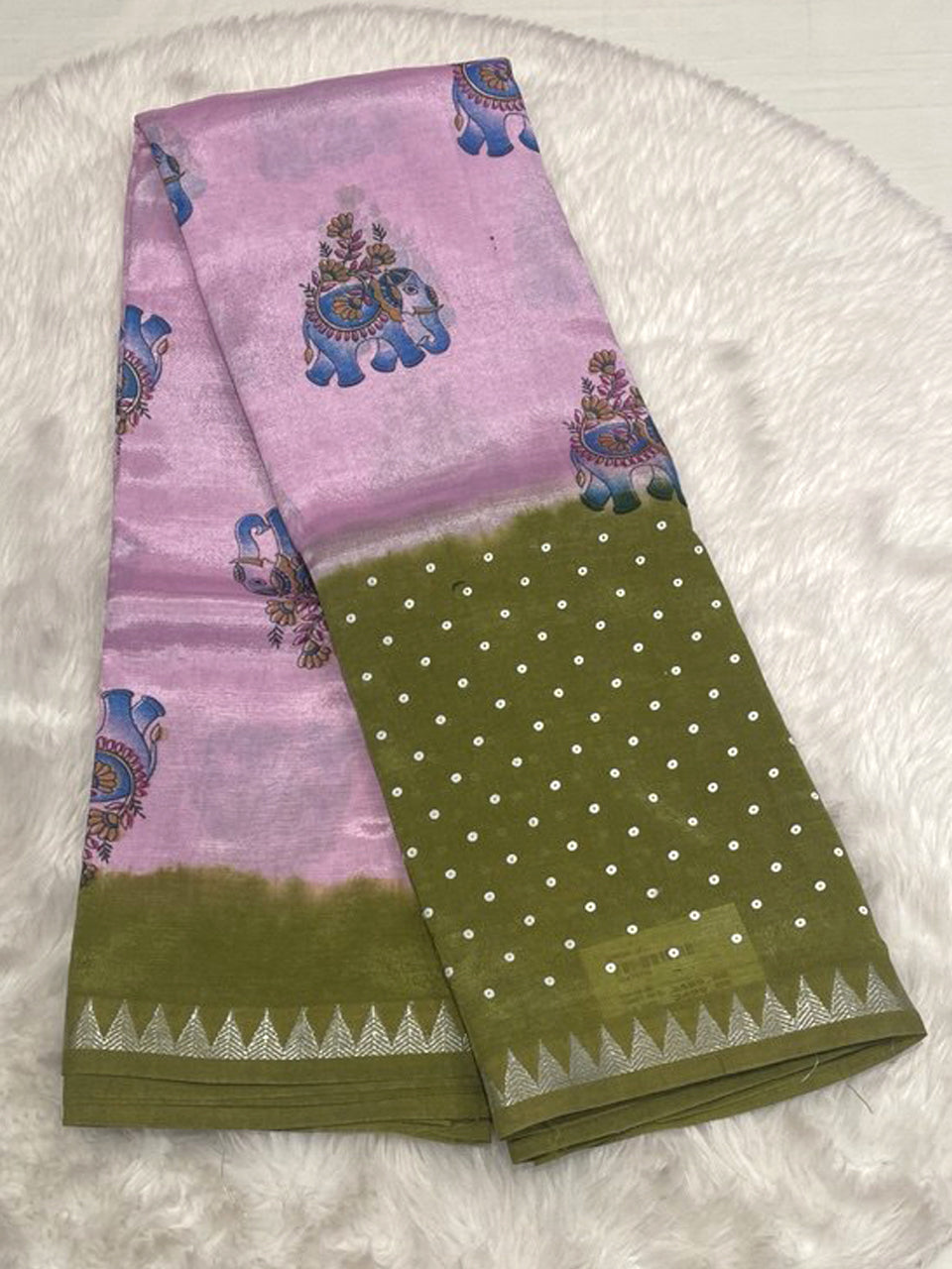 Pink Hand-Printed Handloom Sarees with green polka dot pallu and bird prints.