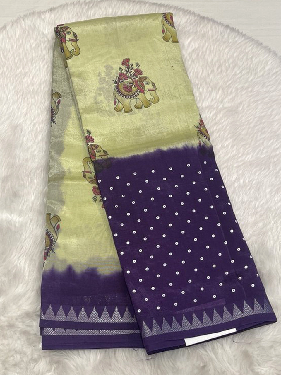 Yellow Hand-Printed Handloom Sarees with orange temple border and bird motifs.