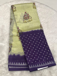 Yellow Hand-Printed Handloom Sarees with orange temple border and bird motifs.