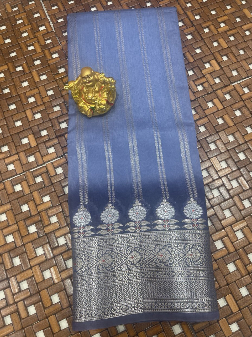 Blue Chiniya Fancy Silk Saree with vertical standing zari lines and contrast antique silver big border.