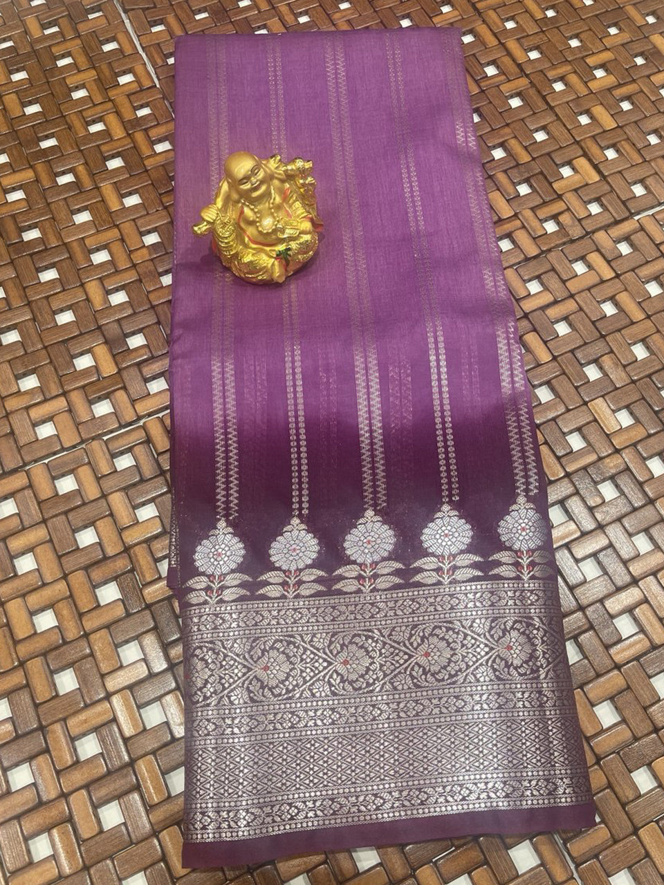 Purple Chiniya Fancy Silk Saree with traditional standing zari design and contrast antique border.