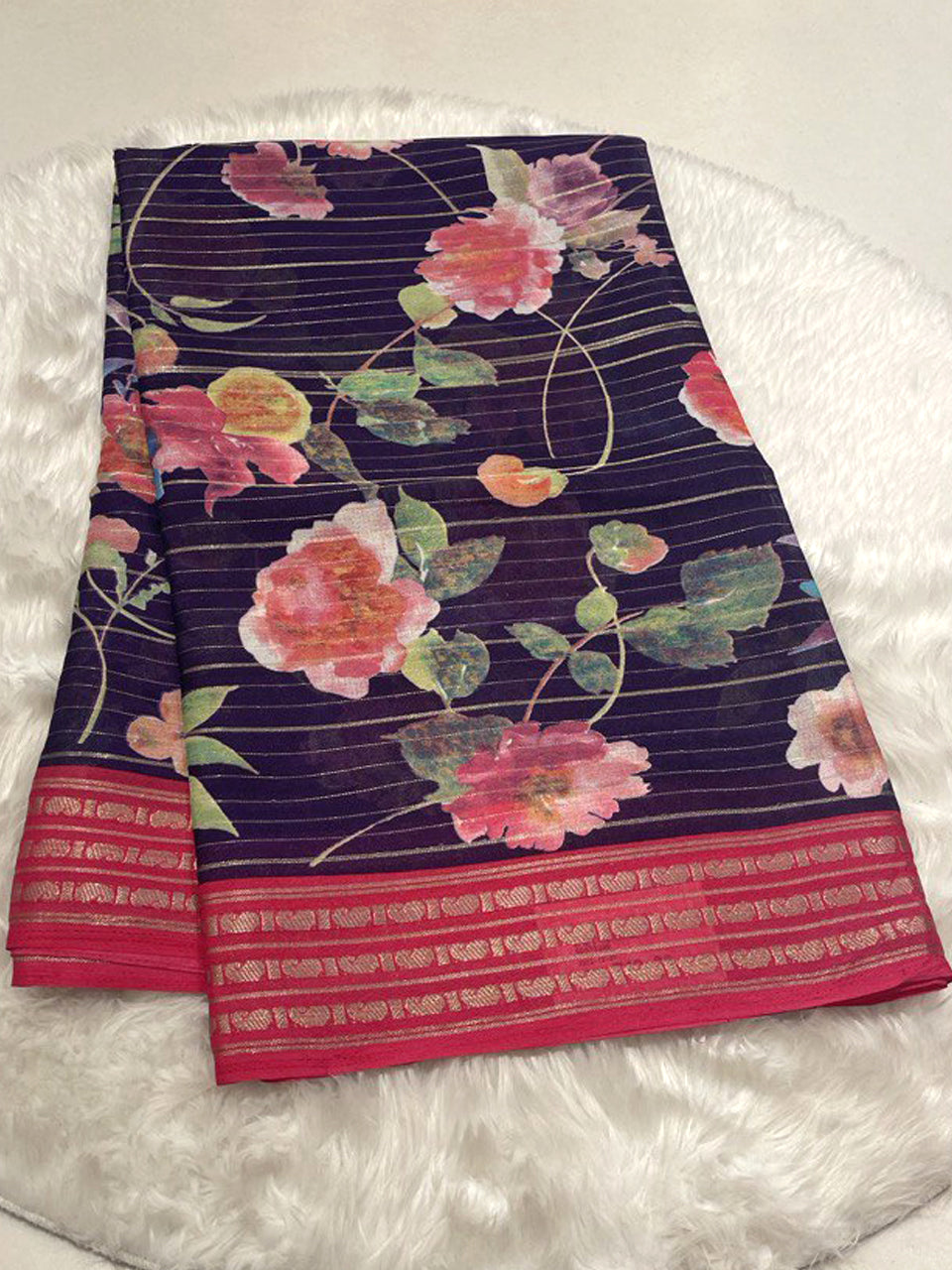 Deep Purple Micro Chiffon saree with multi-color flowers and magenta contrast border.