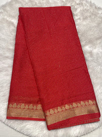 Classic red millennium georgette saree with gold zari stripes and designer border