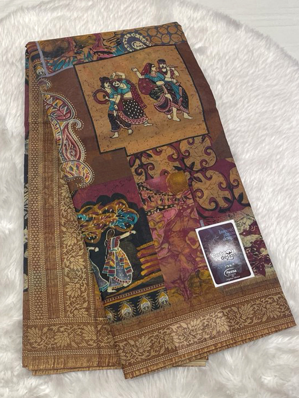 Multicolor Meena cotton saree with maroon accents, folk art dancing figures, and an antique gold border.