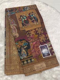 Multicolor Meena cotton saree with maroon accents, folk art dancing figures, and an antique gold border.
