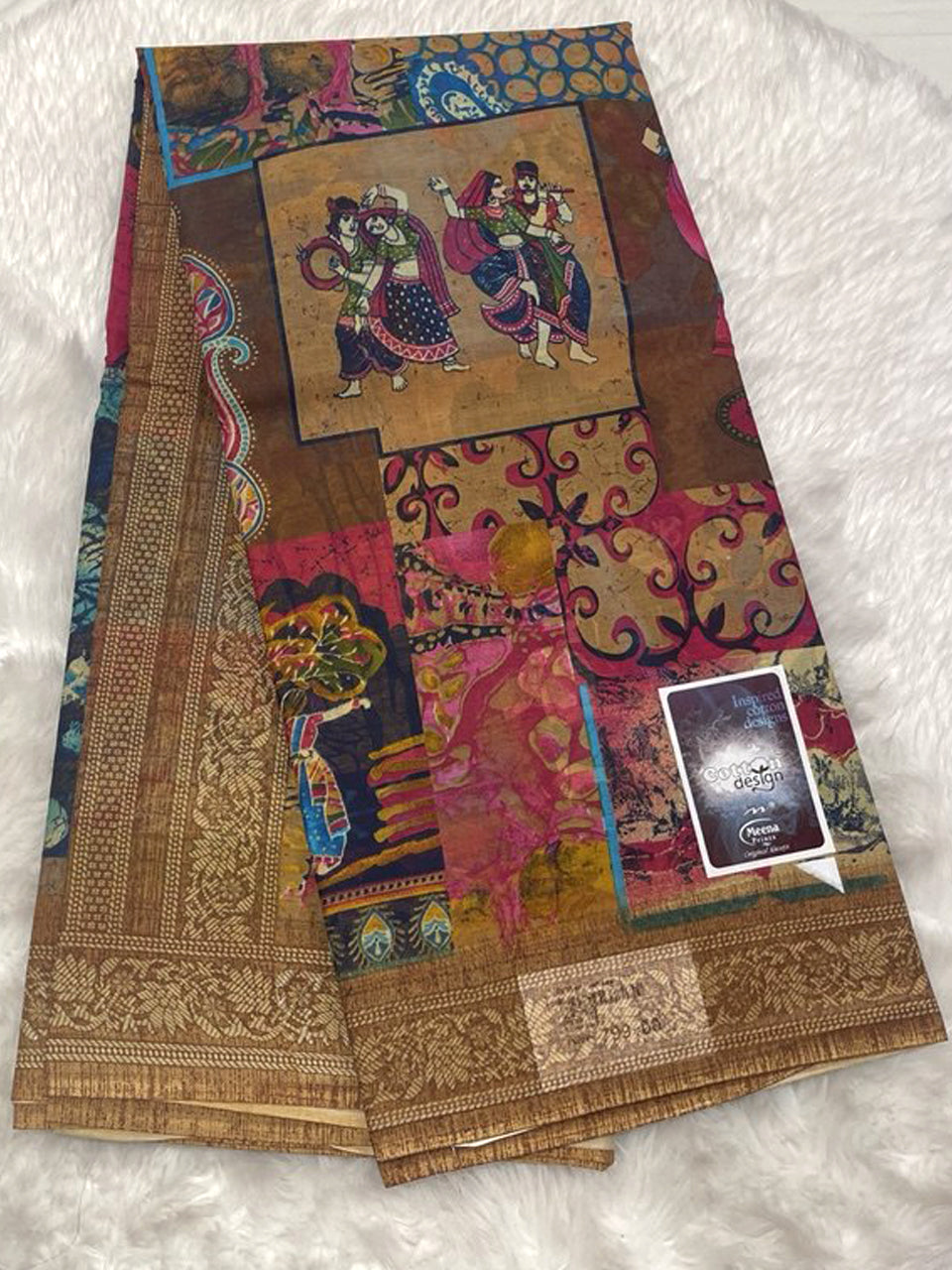 Meena cotton saree in shades of pink and blue featuring ethnic patchwork prints and musicians.