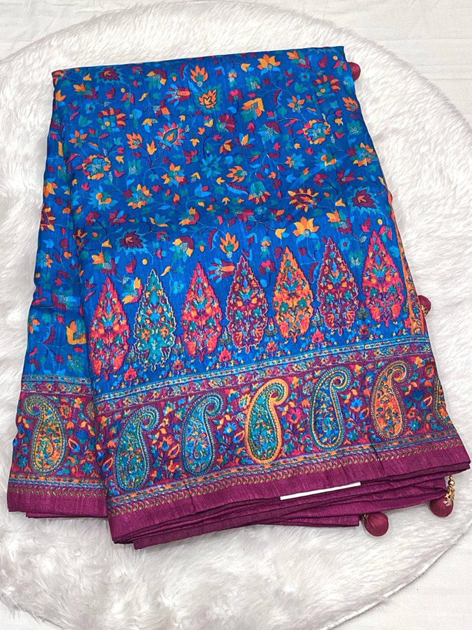 Royal Blue Dola Silk Saree with intricate Patola geometric prints and a contrasting magenta Zari border.
