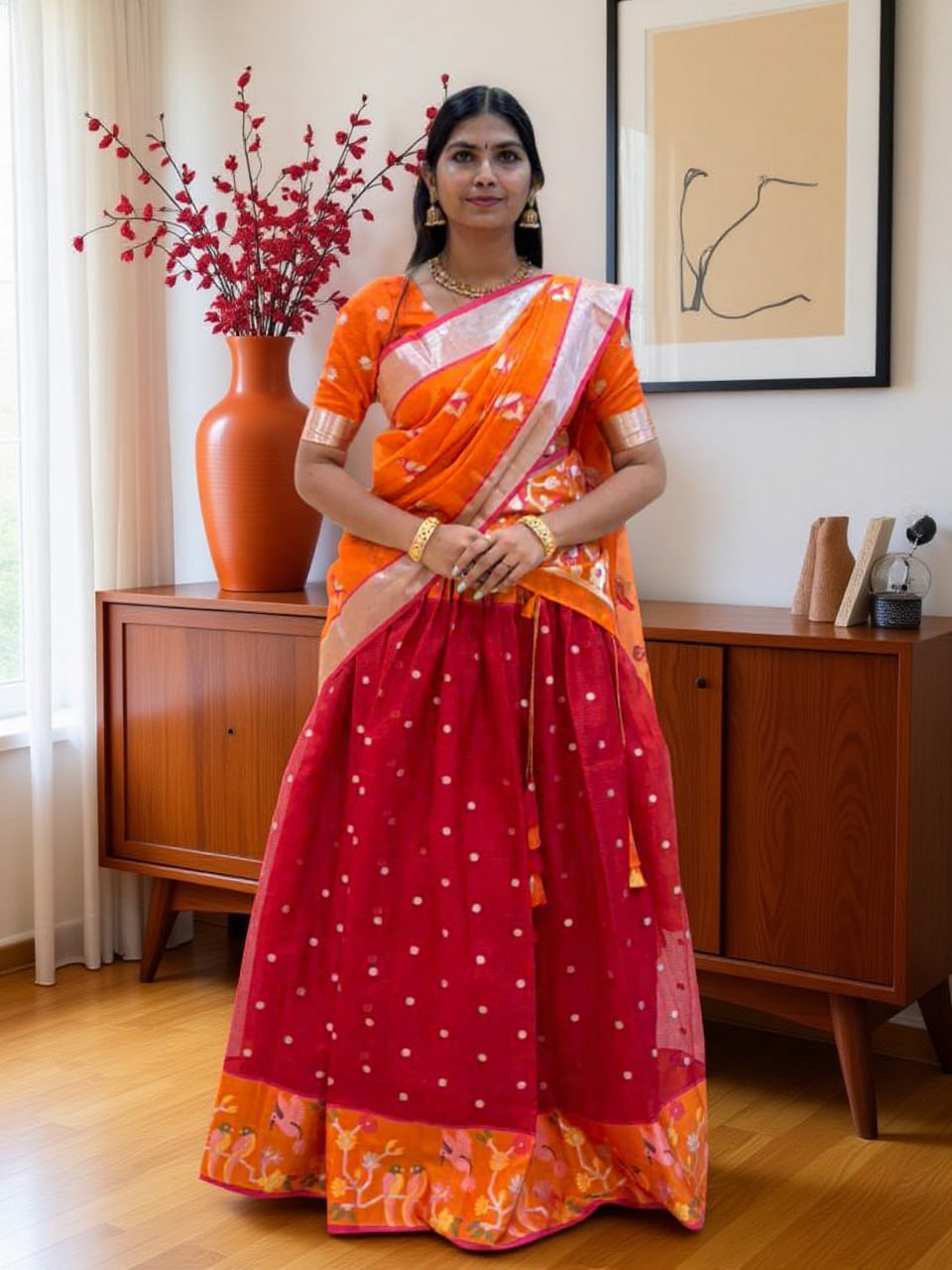 Traditional red and orange Pattu Pavada featuring a polka-dot lehenga, bird-motif dupatta, and silver zari temple border.