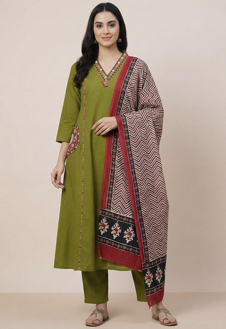 Olive-Green 3 Pcs Bottom Dupatta Set