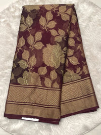 Deep wine Russian georgette braso saree with all-over floral velvet-touch textures and matching printed blouse.