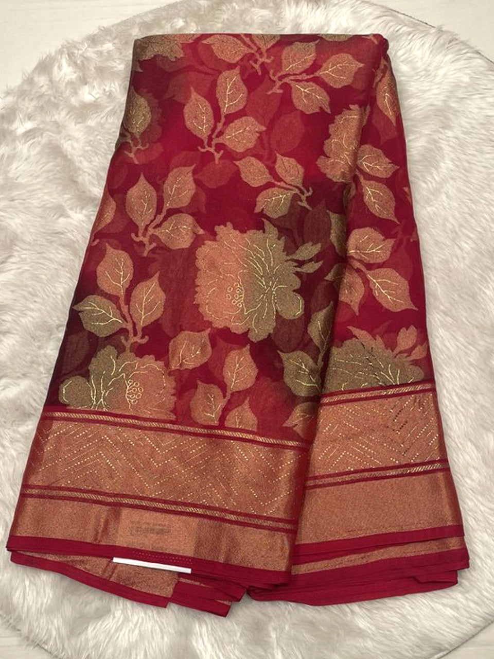 Dusty rose Russian georgette braso saree with delicate floral textures and a matching printed braso blouse.