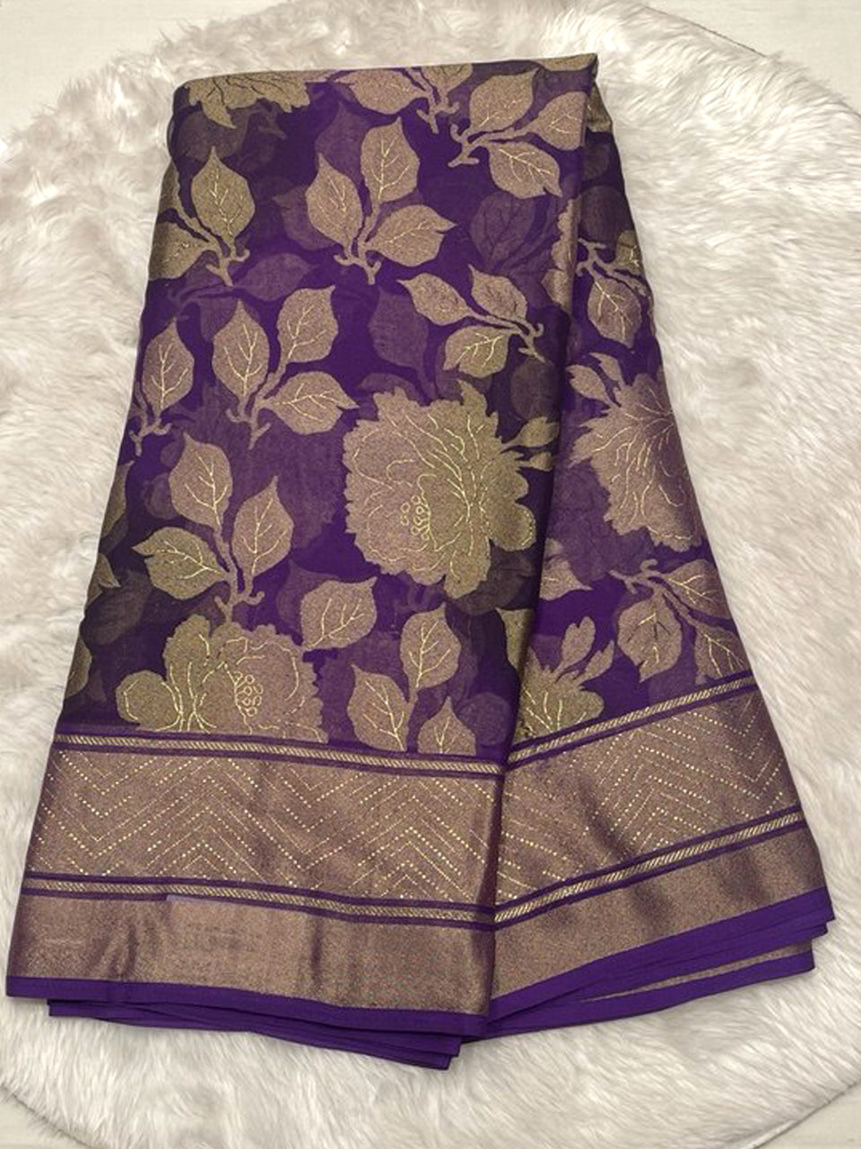 Midnight navy blue Russian georgette braso saree featuring a luxury floral pattern and printed braso blouse.