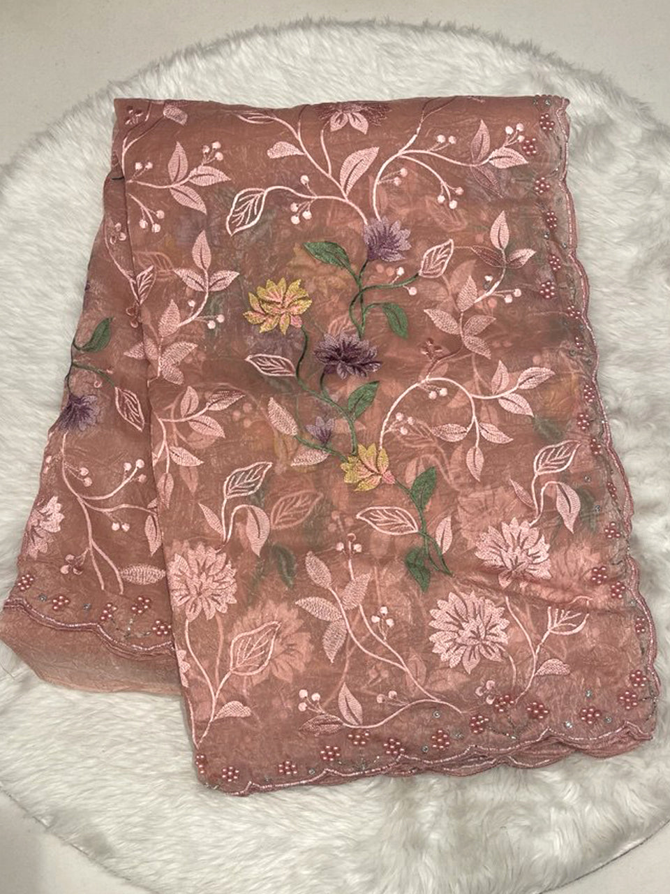 Space Silk Saree in Peach with Full Thread Work Floral Vine Embroidery and Moti Cut-Work Border.