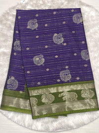 Violet tussar soft silk saree with lime green zari border.