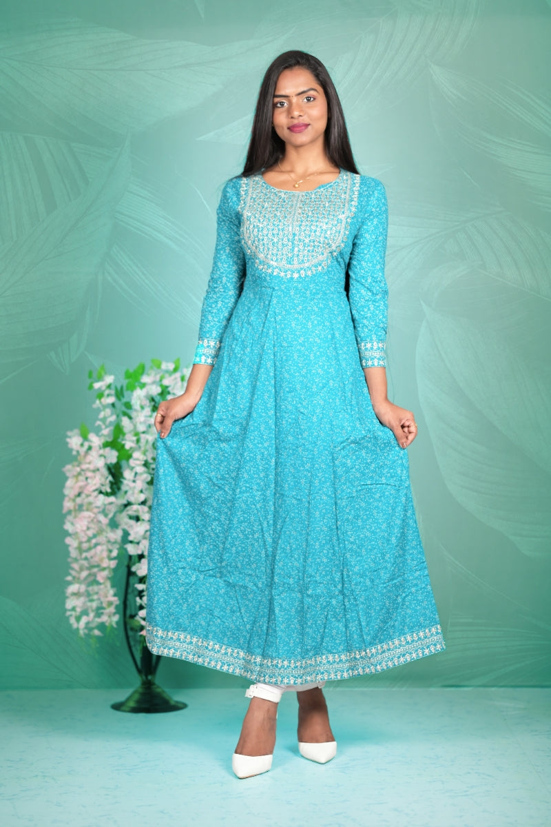 Rayon Sky Blue Thread Work Kurti