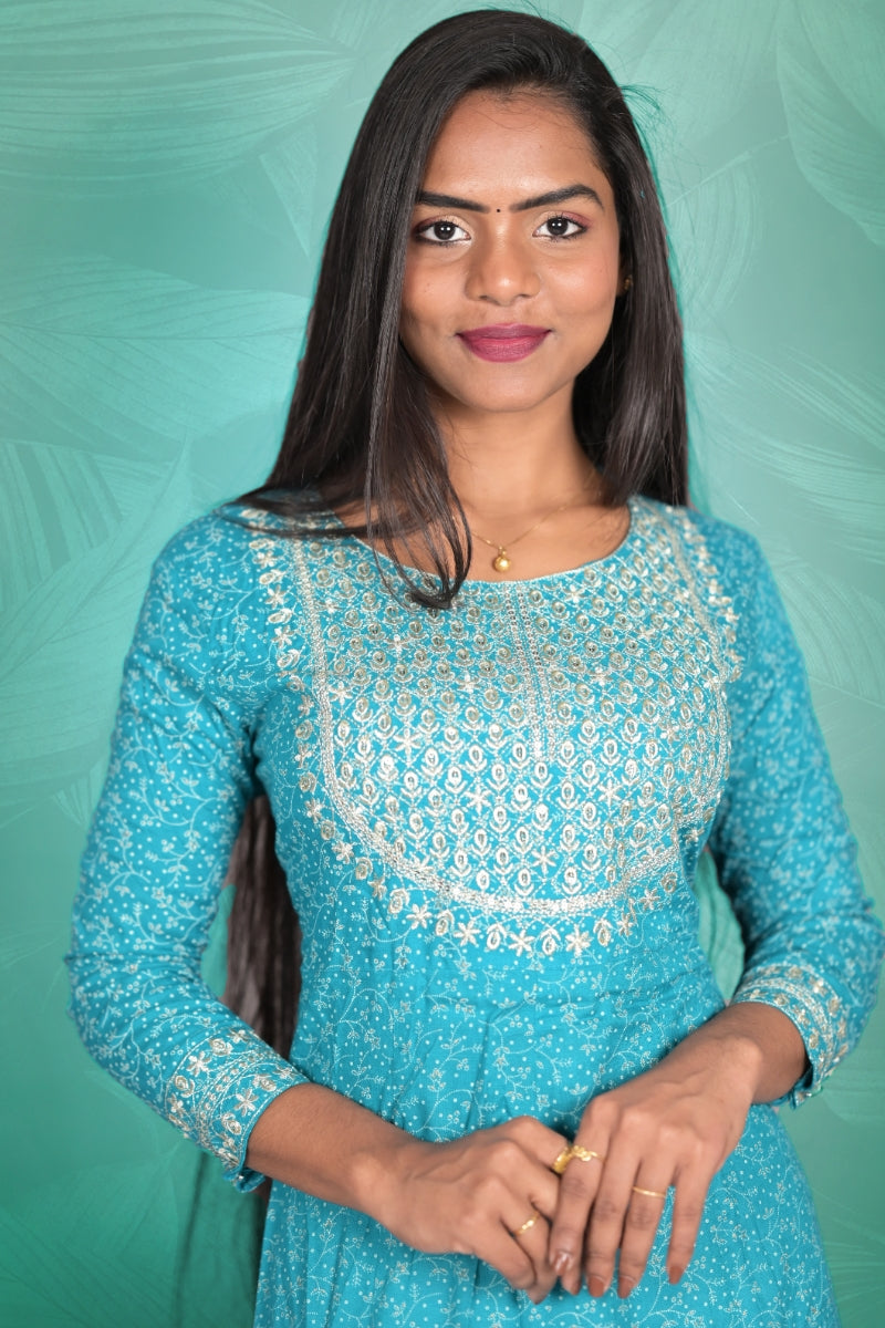 Rayon Sky Blue Thread Work Kurti