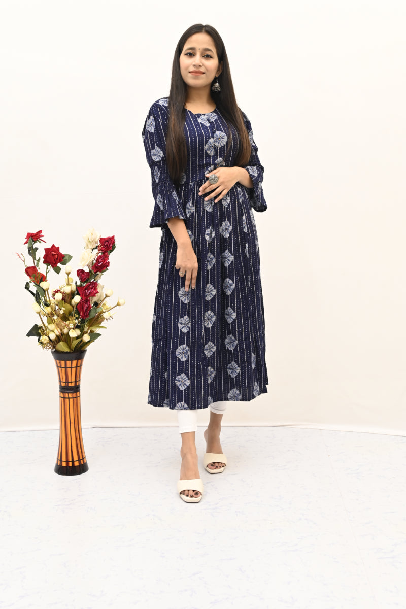 Rayon Navy Blue Printed Kurti