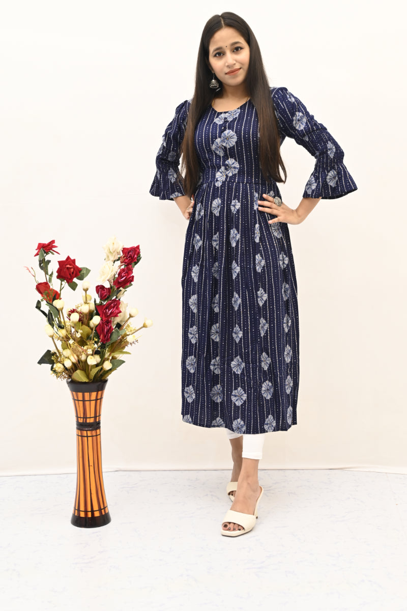 Rayon Navy Blue Printed Kurti