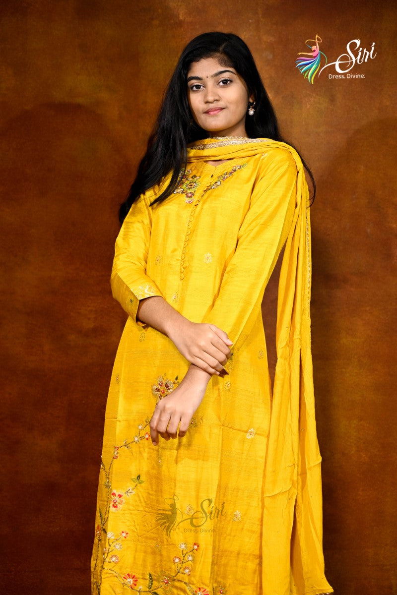 Rayon Stone Work Yellow Straight Cut Salwar