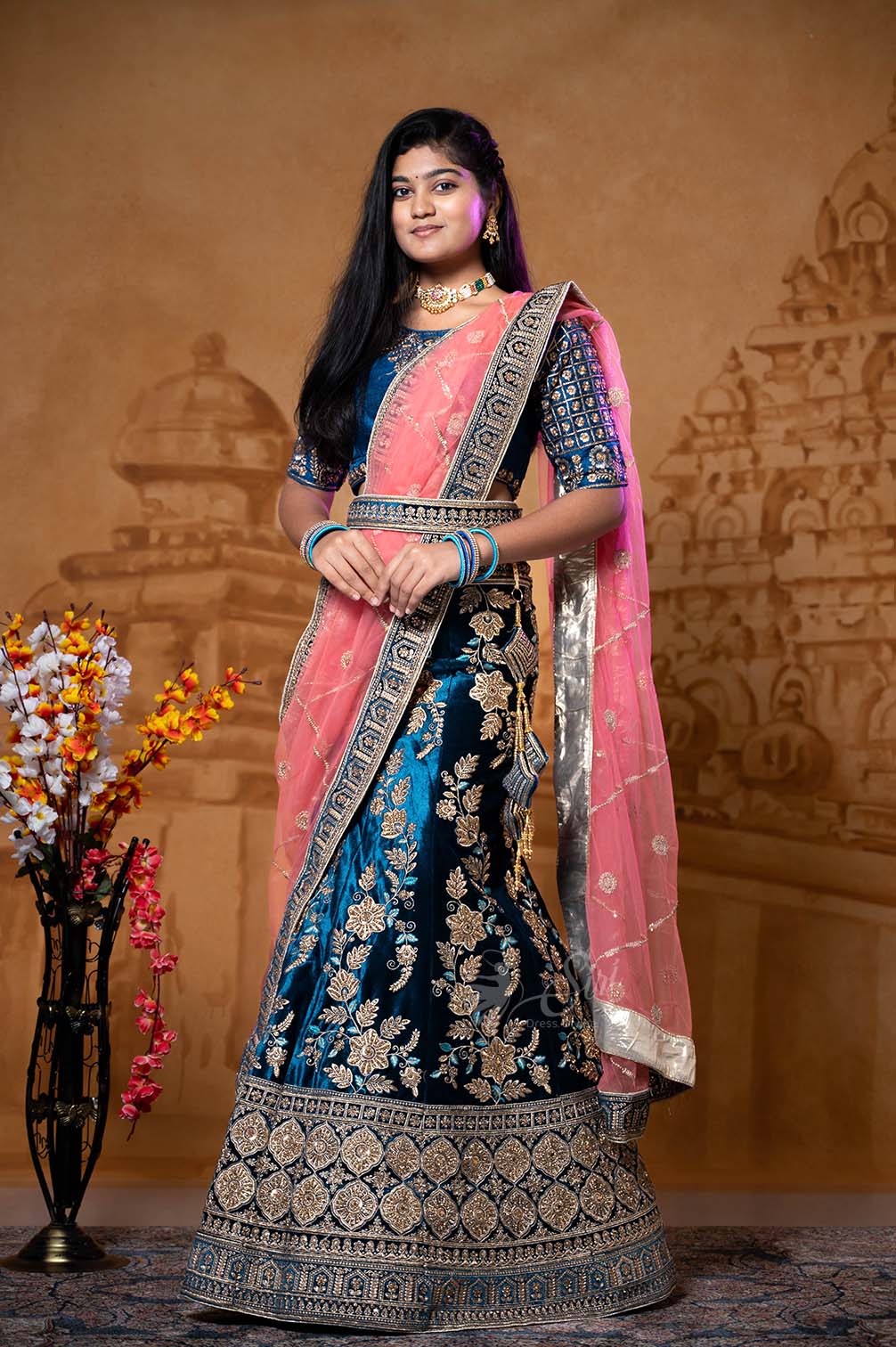 Navy Blue And Pink Color Half Saree