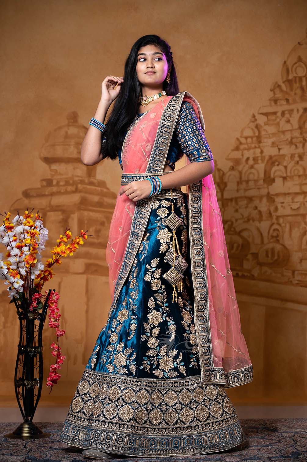 Navy Blue And Pink Color Half Saree