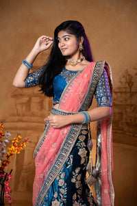 Navy Blue And Pink Color Half Saree