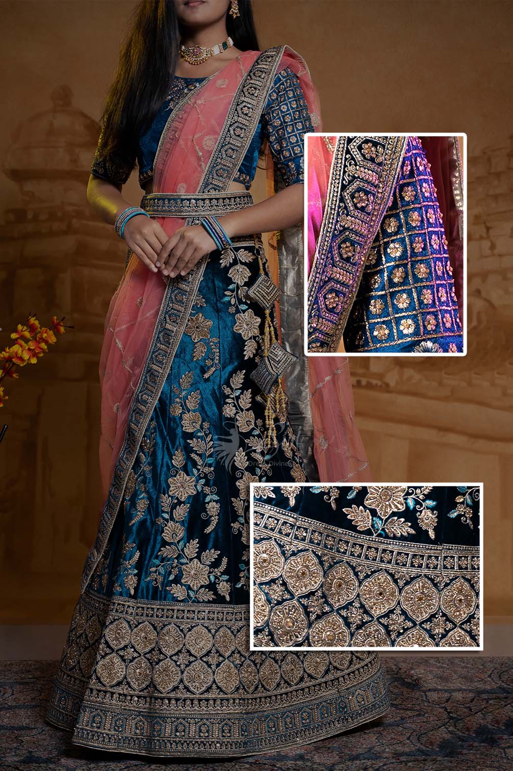 Navy Blue And Pink Color Half Saree