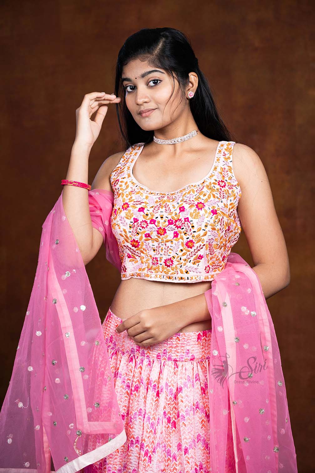 Chevron Pint And Floral Thread Embroidery Work Crop Top