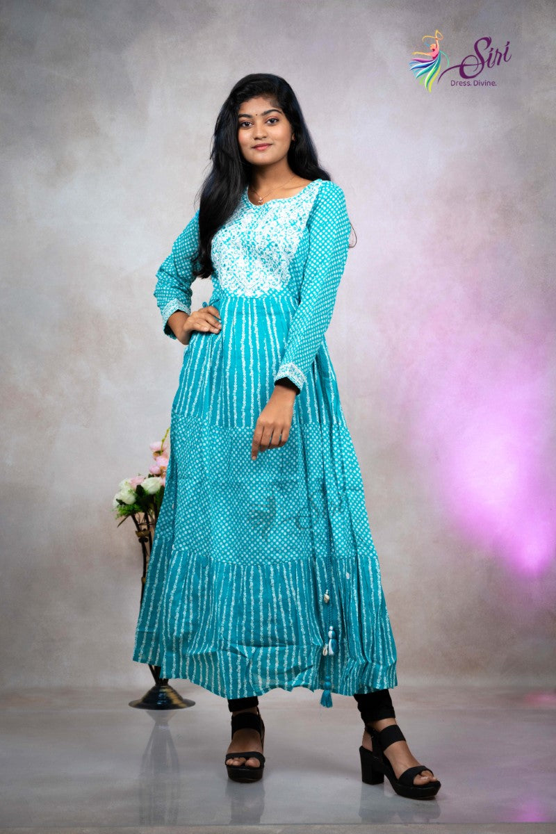 Cotton Sky Blue Floral Print Kurti