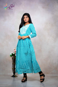 Cotton Sky Blue Floral Print Kurti