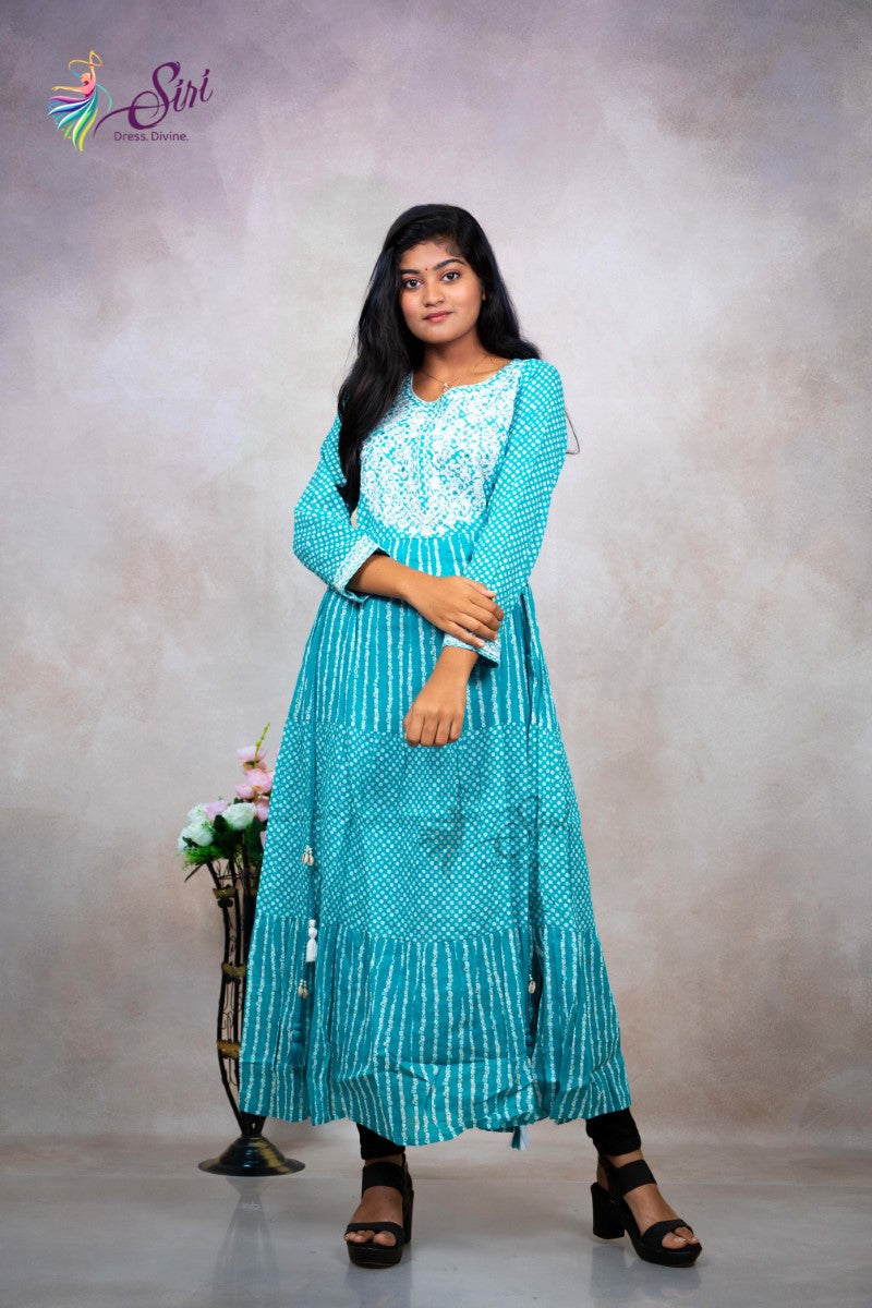 Cotton Sky Blue Floral Print Kurti