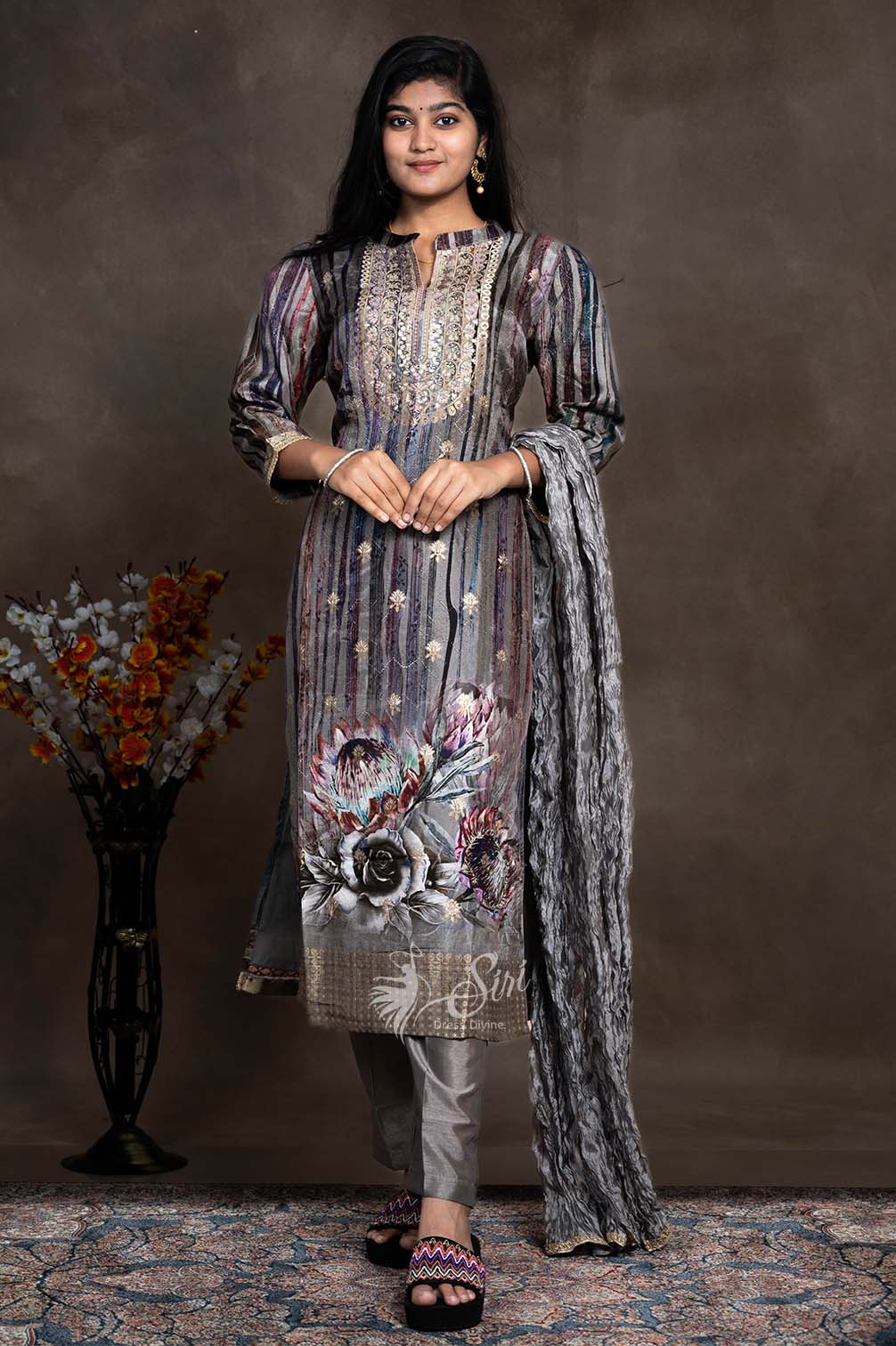 Digital Floral  Print And Gold Thread Embroidery Salwar Straight Cut