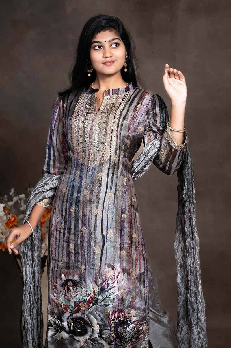 Digital Floral  Print And Gold Thread Embroidery Salwar Straight Cut