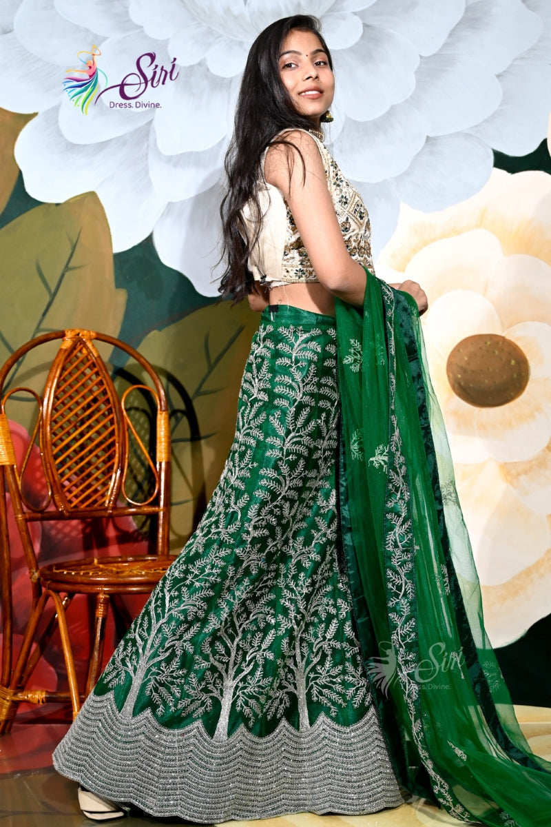 Green Floral Zari Half Saree