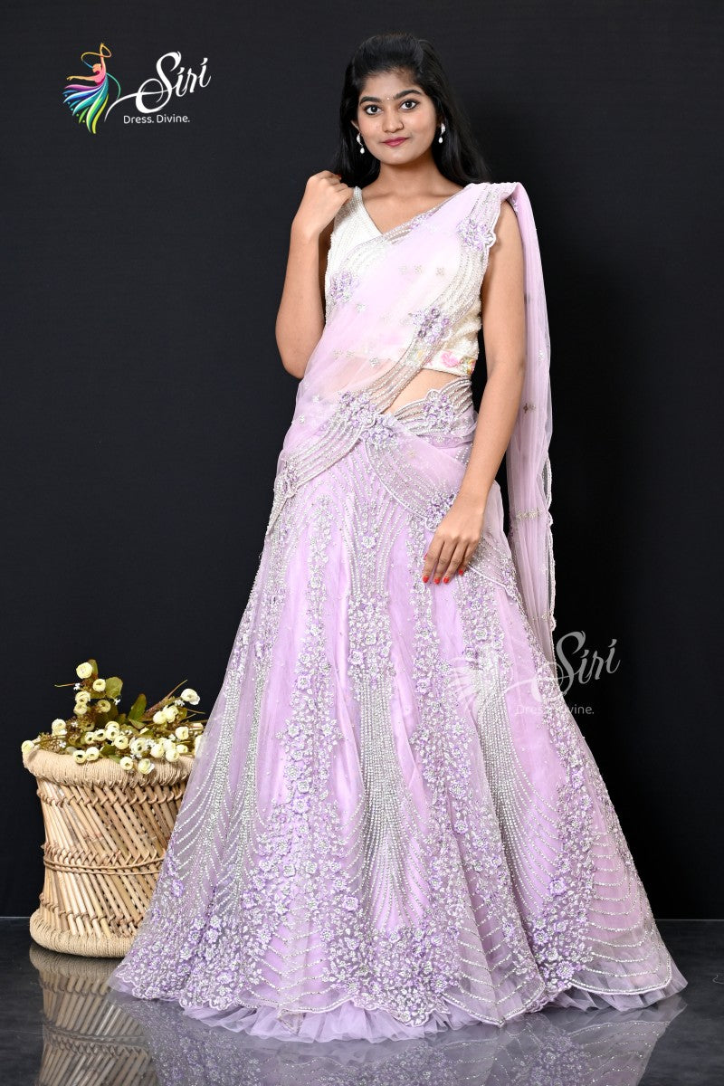 Light Pink Floral Thread Work Half Saree