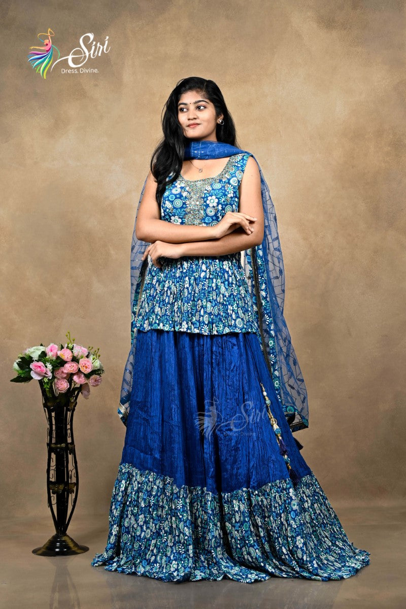 Georgette Blue Floral Print Crop Top Set