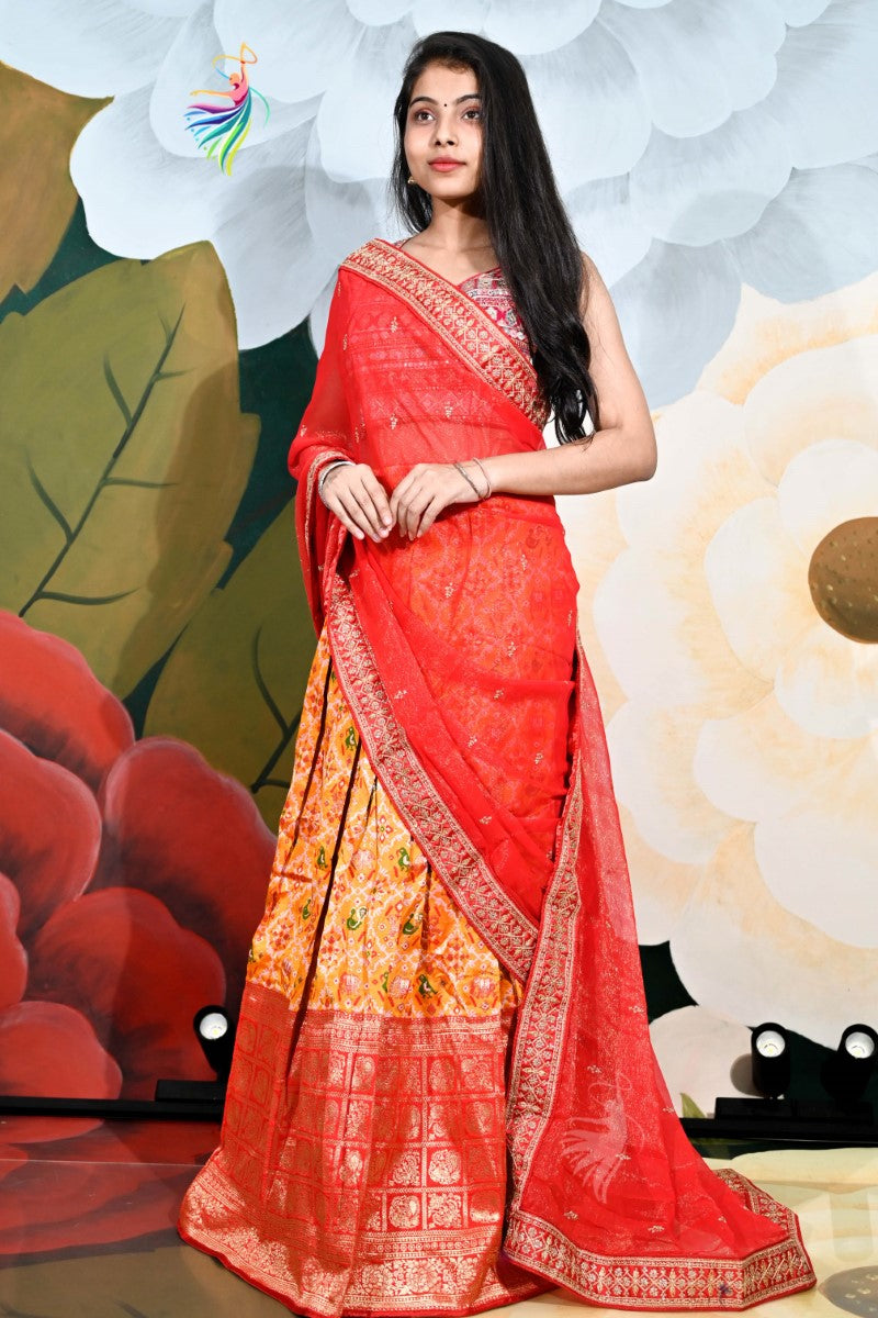 Banaras Ikkat Gold Zari Work Half Saree