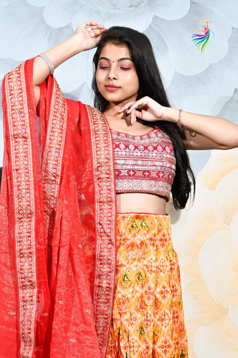 Banaras Ikkat Gold Zari Work Half Saree