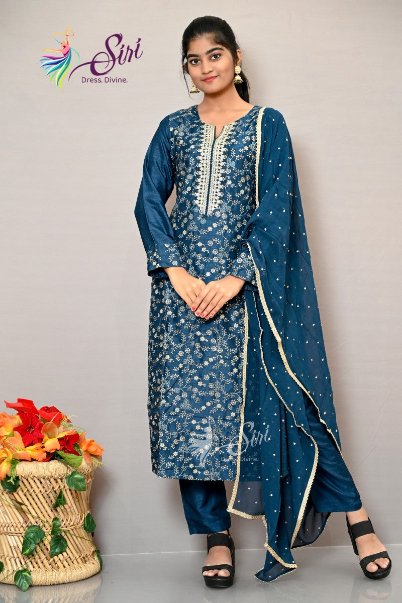 Raw Silk Floral Design Straight Cut Salwar