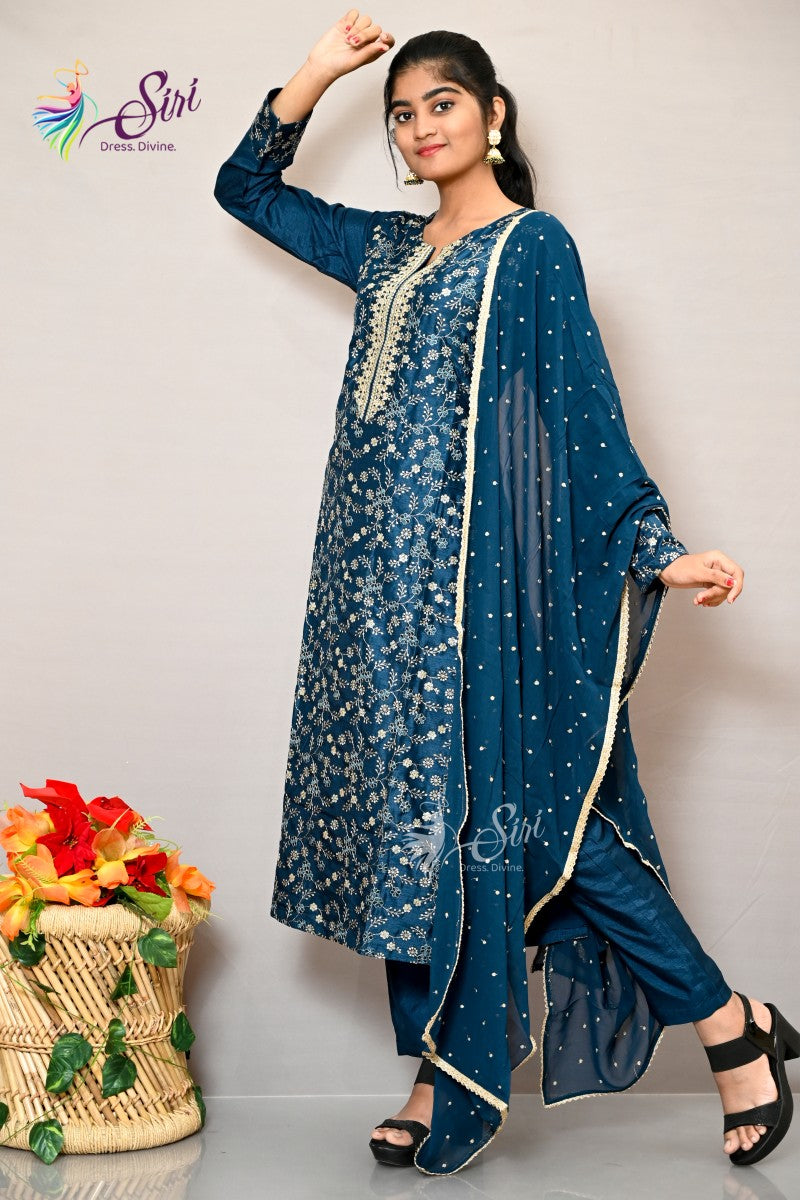 Raw Silk Floral Design Straight Cut Salwar
