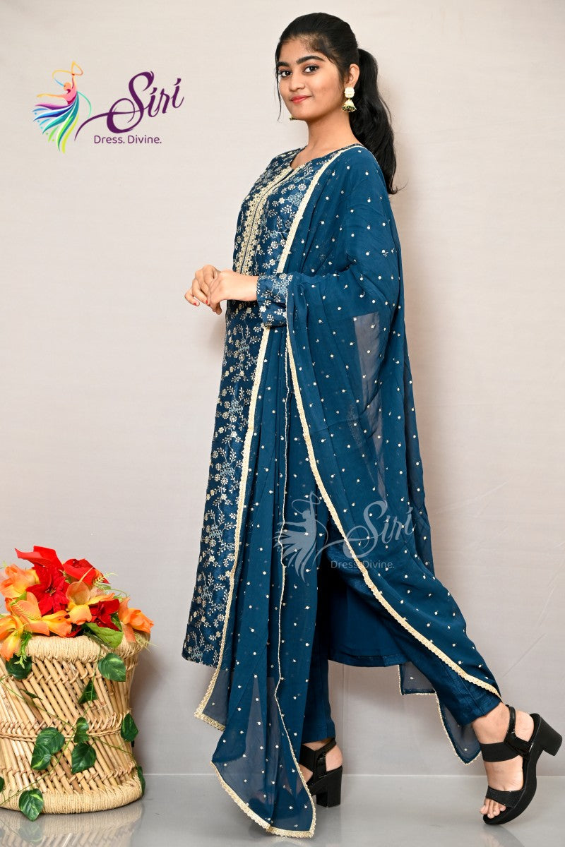 Raw Silk Floral Design Straight Cut Salwar