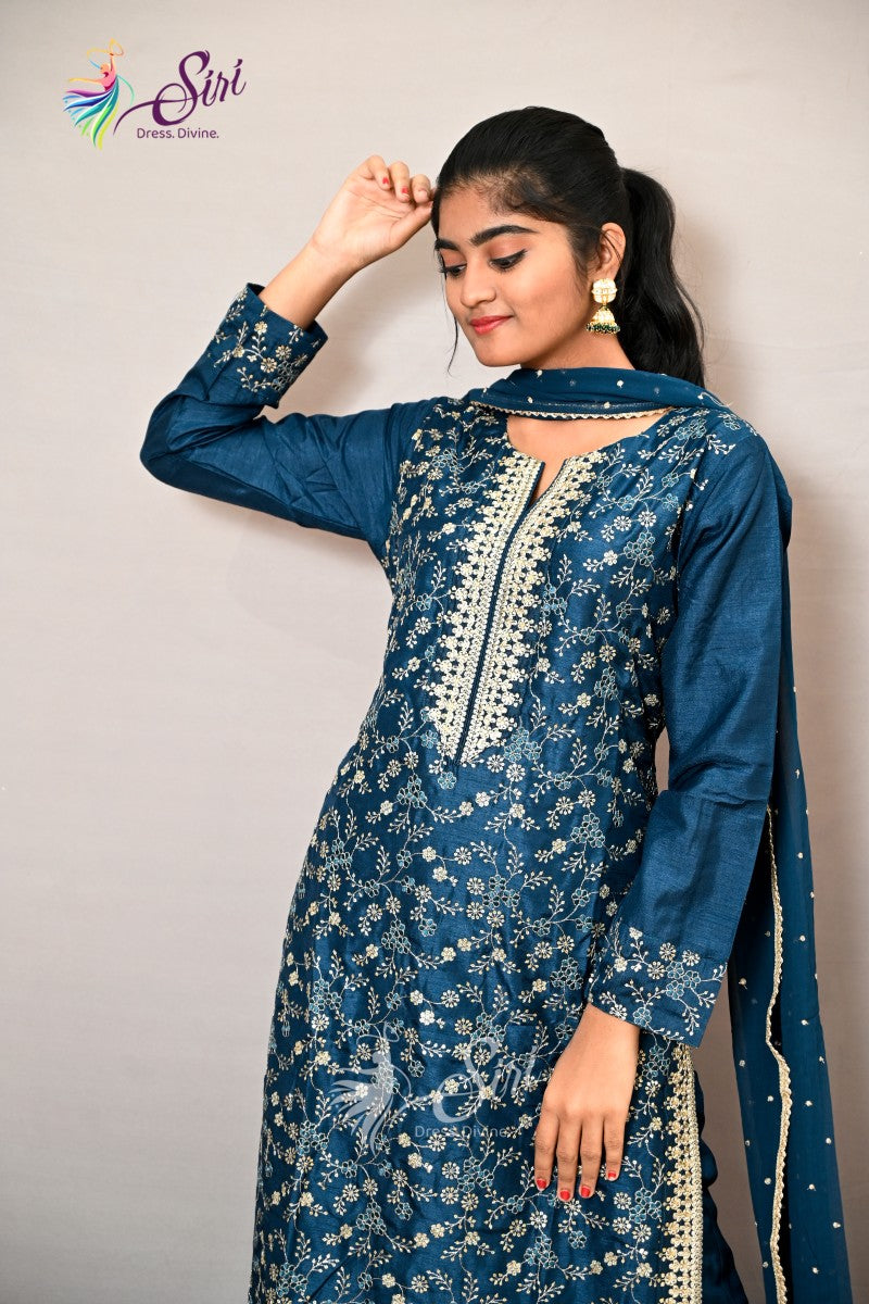 Raw Silk Floral Design Straight Cut Salwar