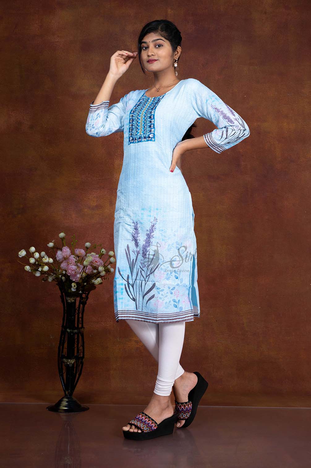 Ice Blue Color Straight Cut Kurti