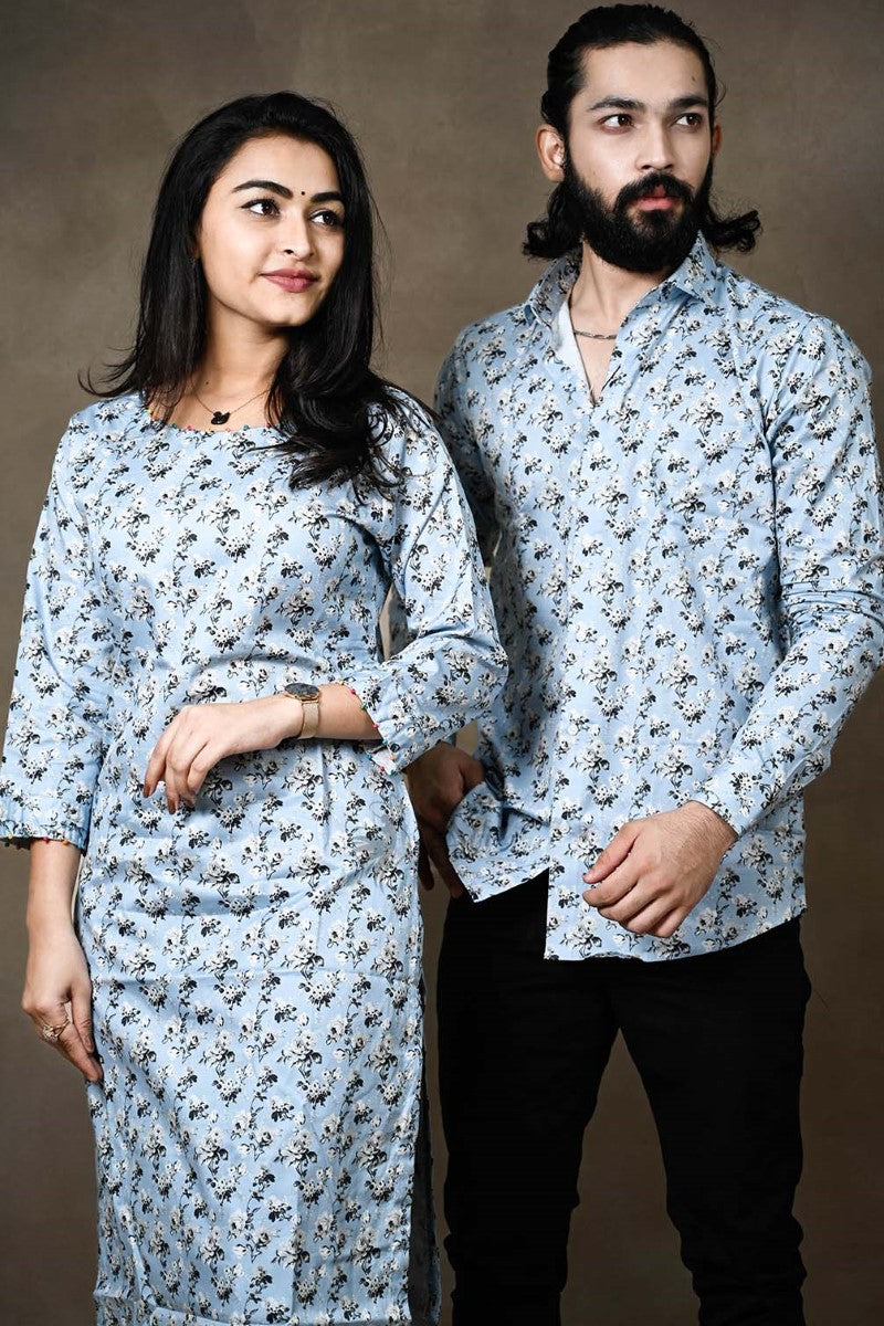 Cadet Blue Color Floral Straight Cut Kurti And Partywear Shirt