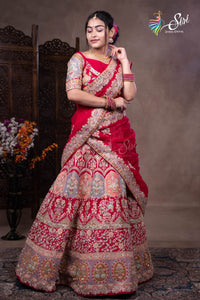 Banaras Red Floral Embroidered Half Saree with Stone Work