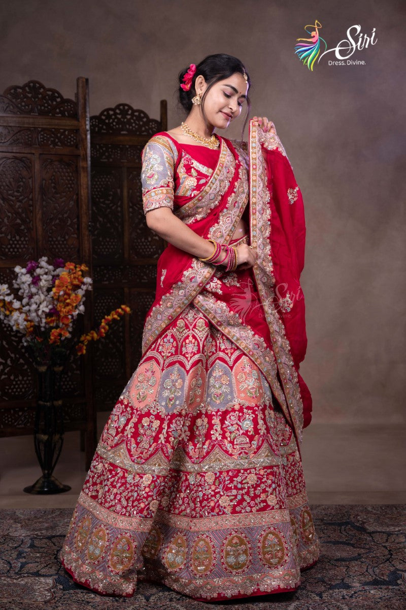 Banaras Red Floral Embroidered Half Saree with Stone Work