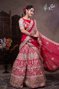 Banaras Red Floral Embroidered Half Saree with Stone Work